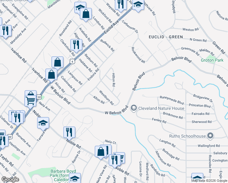 map of restaurants, bars, coffee shops, grocery stores, and more near 2001 Reyburn Road in Cleveland