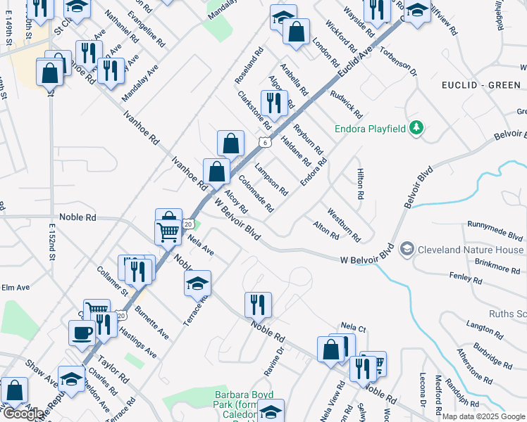 map of restaurants, bars, coffee shops, grocery stores, and more near 1886 Colonnade Road in Cleveland