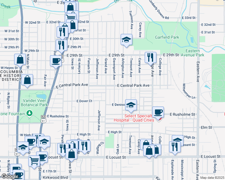 map of restaurants, bars, coffee shops, grocery stores, and more near 2510 Davenport Avenue in Davenport