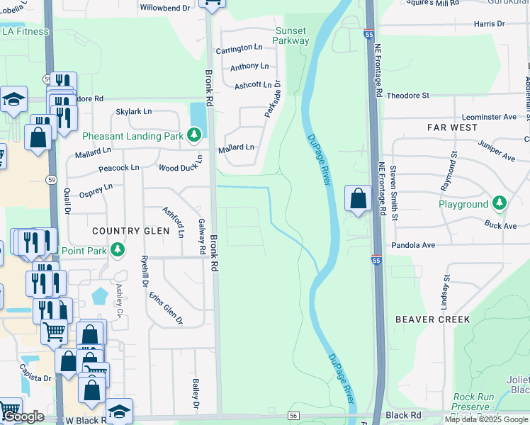 map of restaurants, bars, coffee shops, grocery stores, and more near 1306 Riverview Drive in Joliet