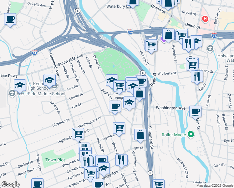 map of restaurants, bars, coffee shops, grocery stores, and more near 107 Green Street in Waterbury