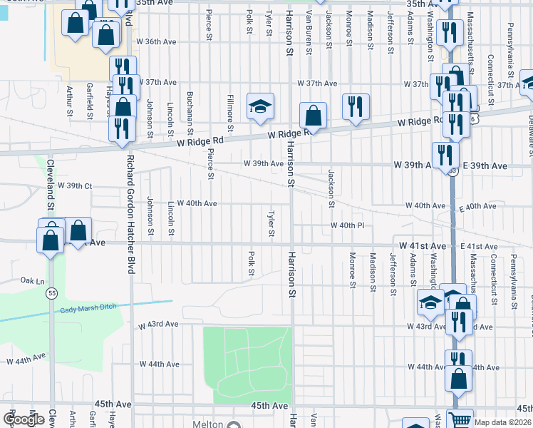 map of restaurants, bars, coffee shops, grocery stores, and more near 4013 Polk Street in Gary
