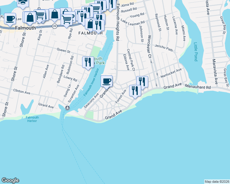map of restaurants, bars, coffee shops, grocery stores, and more near 16 Vesper Avenue in Falmouth