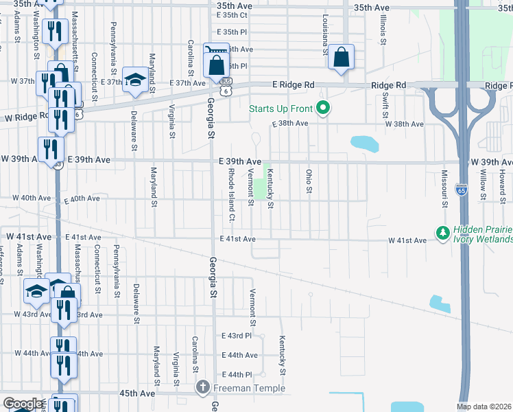 map of restaurants, bars, coffee shops, grocery stores, and more near 4011 Vermont Street in Gary