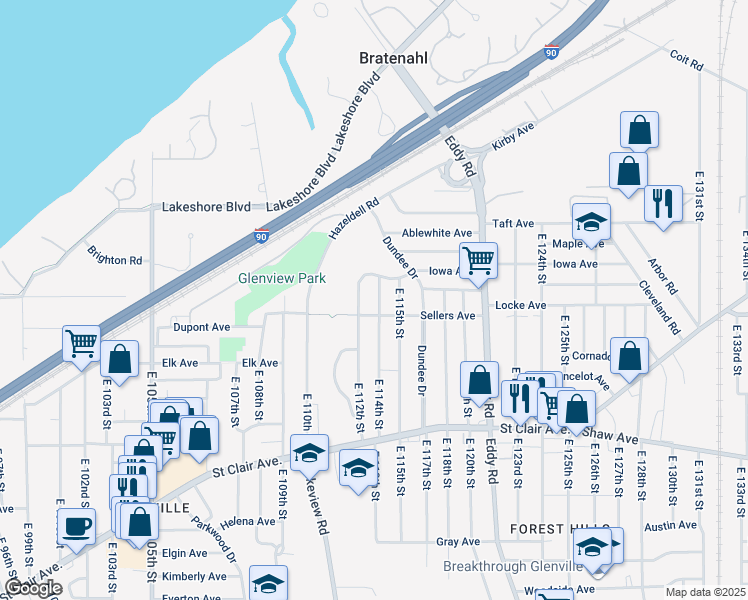 map of restaurants, bars, coffee shops, grocery stores, and more near 434 East 114th Street in Cleveland