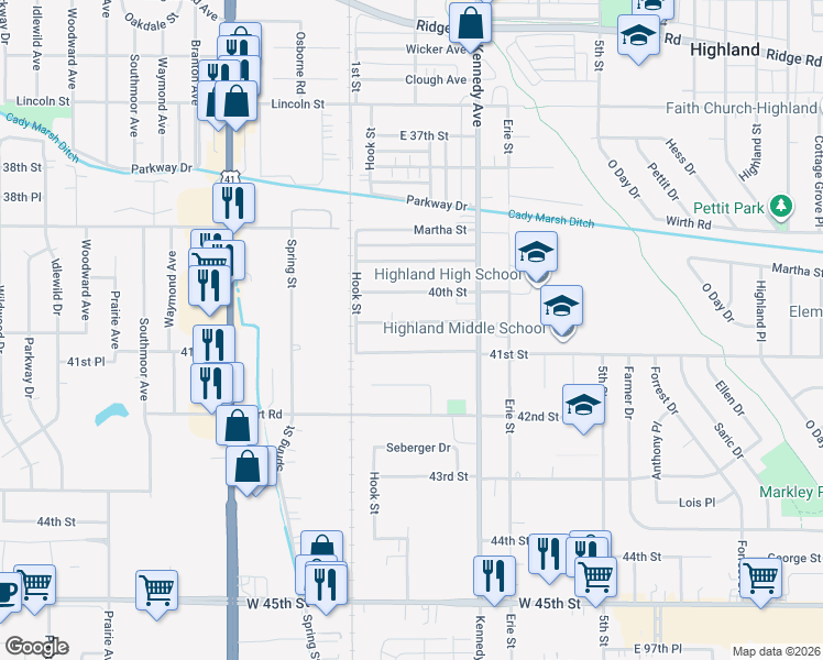 map of restaurants, bars, coffee shops, grocery stores, and more near 2712 40th Pl in Highland
