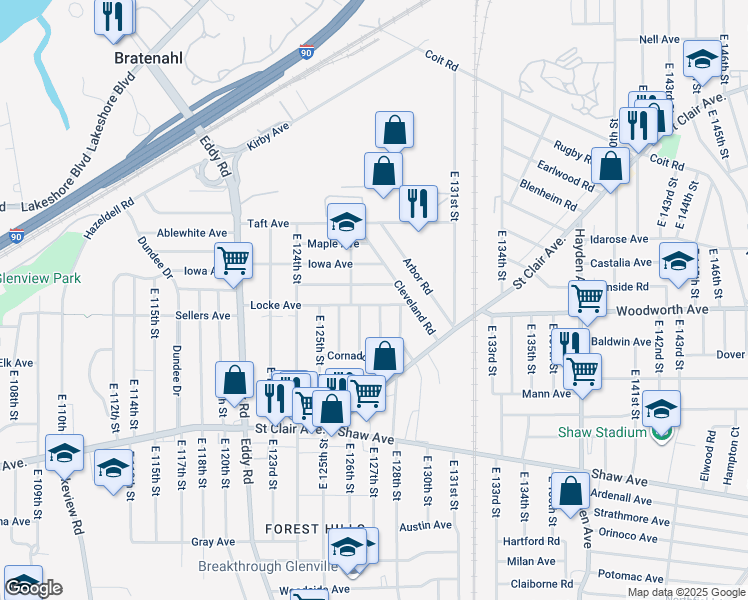 map of restaurants, bars, coffee shops, grocery stores, and more near 12715 Locke Avenue in Cleveland