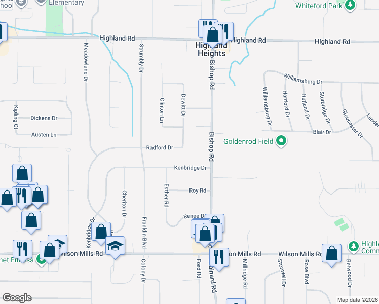 map of restaurants, bars, coffee shops, grocery stores, and more near 635 Dewitt Drive in Highland Heights