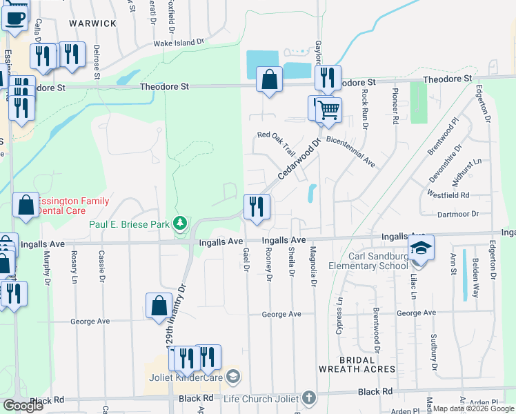 map of restaurants, bars, coffee shops, grocery stores, and more near 2559 Lincoln Park Court in Crest Hill