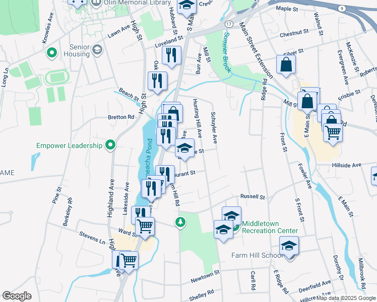 map of restaurants, bars, coffee shops, grocery stores, and more near 28 Durant Terrace in Middletown