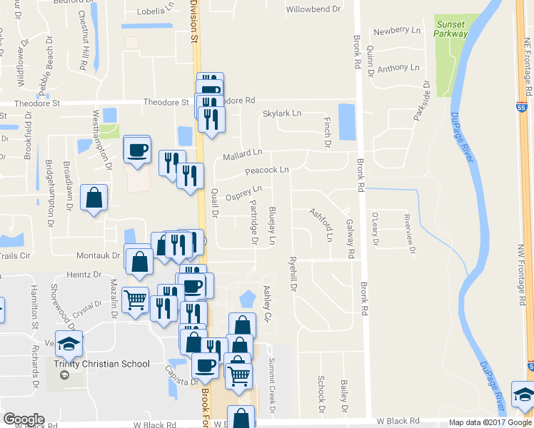 map of restaurants, bars, coffee shops, grocery stores, and more near 1305 Bluejay Lane in Plainfield