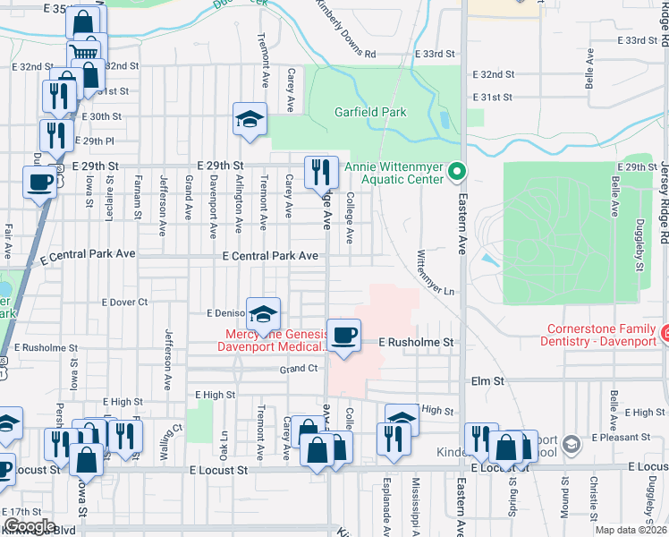map of restaurants, bars, coffee shops, grocery stores, and more near 1140 East Colorado Street in Davenport