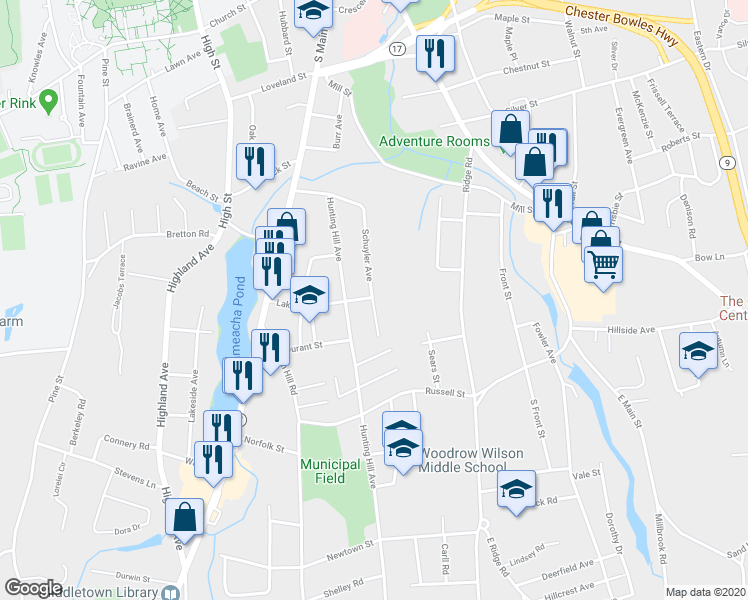 map of restaurants, bars, coffee shops, grocery stores, and more near 116 Schuyler Ave in Middletown