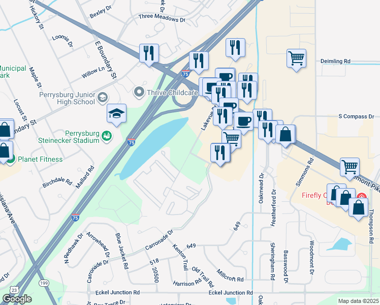 map of restaurants, bars, coffee shops, grocery stores, and more near Lakevue Drive in Perrysburg