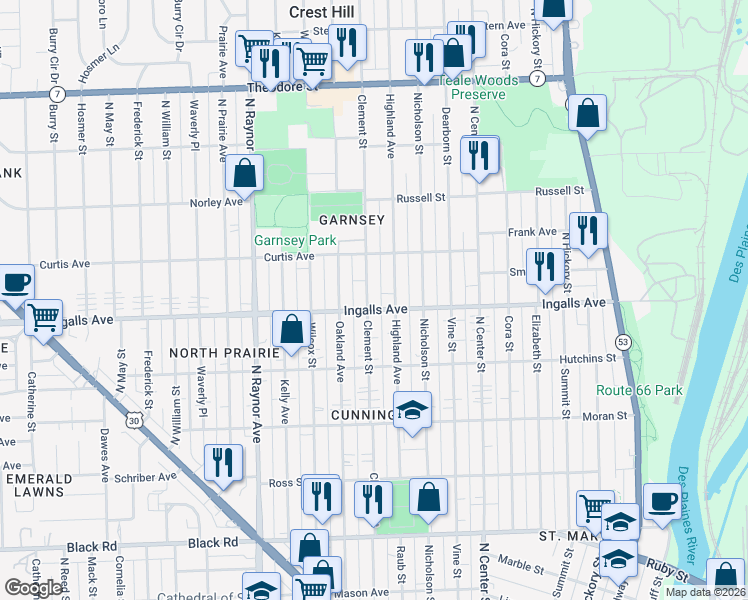 map of restaurants, bars, coffee shops, grocery stores, and more near 1202 Clement Street in Joliet
