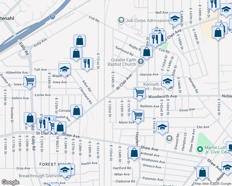 map of restaurants, bars, coffee shops, grocery stores, and more near 13404 Saint Clair Avenue in Cleveland