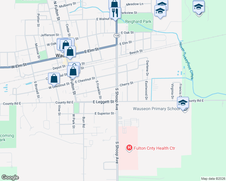 map of restaurants, bars, coffee shops, grocery stores, and more near 414 Cherry St in Wauseon