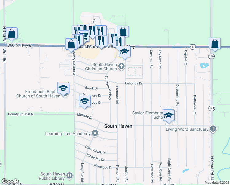 map of restaurants, bars, coffee shops, grocery stores, and more near 765 Timberline Parkway in Valparaiso