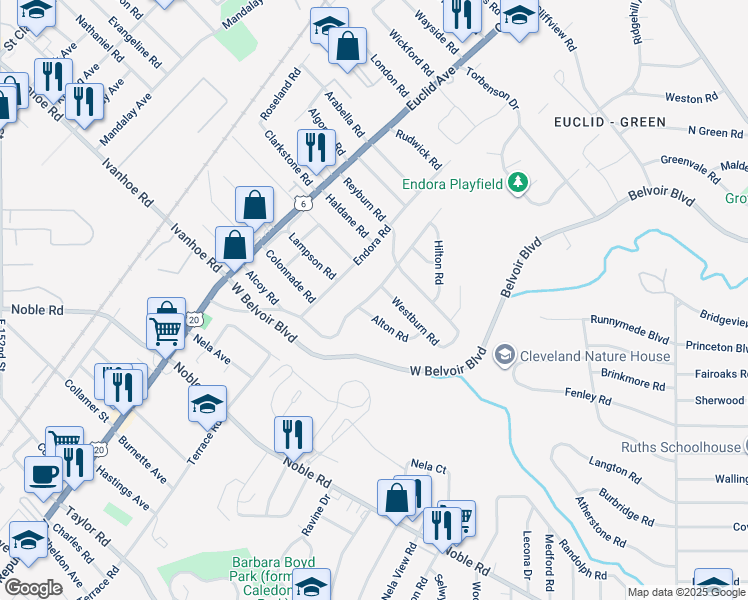 map of restaurants, bars, coffee shops, grocery stores, and more near 16712 Hillsboro Road in Cleveland