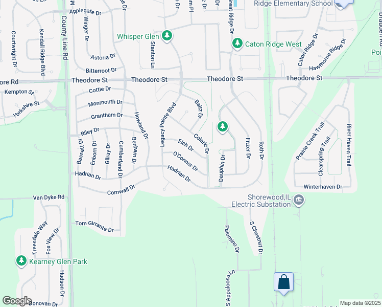 map of restaurants, bars, coffee shops, grocery stores, and more near 6616 Eich Drive in Joliet