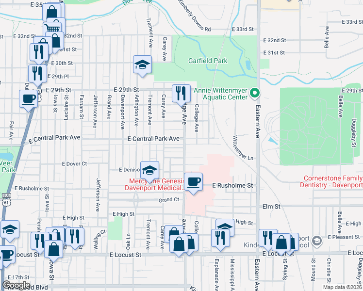 map of restaurants, bars, coffee shops, grocery stores, and more near 1140 East Colorado Street in Davenport