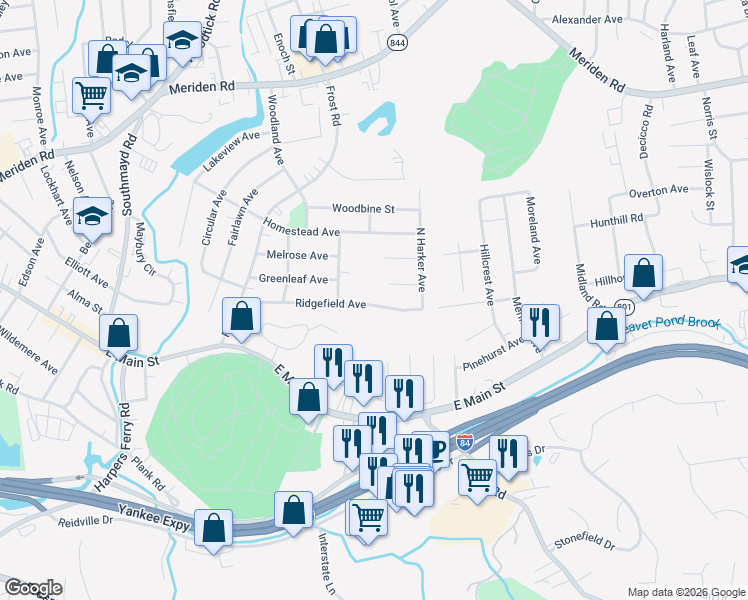 map of restaurants, bars, coffee shops, grocery stores, and more near 227 Ridgefield Avenue in Waterbury