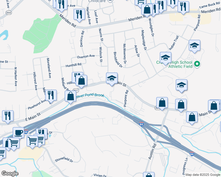 map of restaurants, bars, coffee shops, grocery stores, and more near 3196 East Main Street in Waterbury