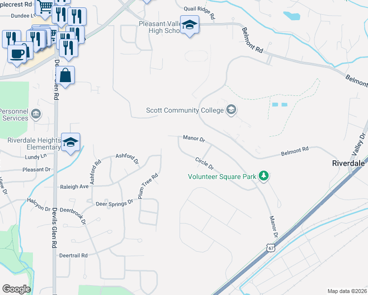 map of restaurants, bars, coffee shops, grocery stores, and more near 333 Circle Drive in Riverdale