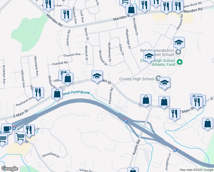 map of restaurants, bars, coffee shops, grocery stores, and more near 3250 East Main Street in Waterbury