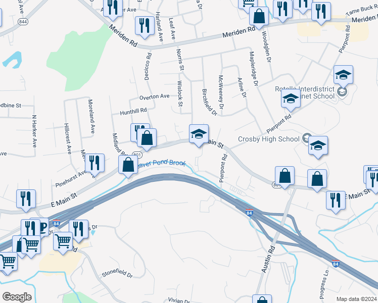 map of restaurants, bars, coffee shops, grocery stores, and more near 3196 East Main Street in Waterbury