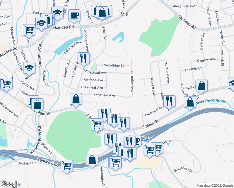 map of restaurants, bars, coffee shops, grocery stores, and more near 227 Ridgefield Avenue in Waterbury