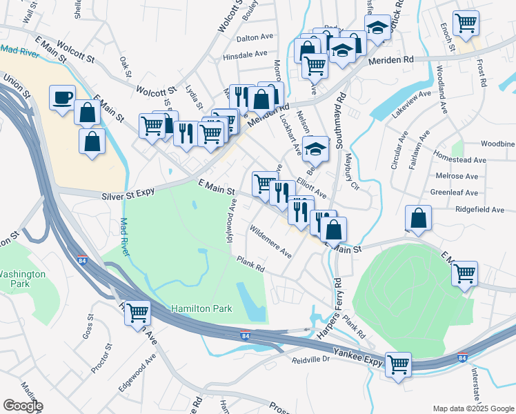map of restaurants, bars, coffee shops, grocery stores, and more near 1712 East Main Street in Waterbury