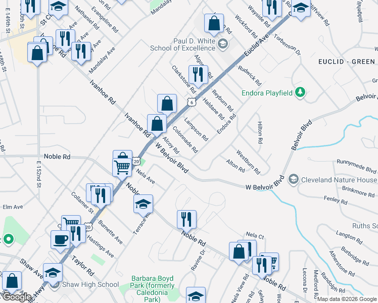 map of restaurants, bars, coffee shops, grocery stores, and more near 1886 Colonnade Road in Cleveland
