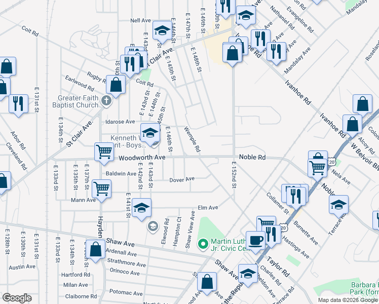 map of restaurants, bars, coffee shops, grocery stores, and more near 14767 Coit Road in Cleveland