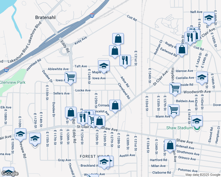 map of restaurants, bars, coffee shops, grocery stores, and more near 12715 Locke Avenue in Cleveland