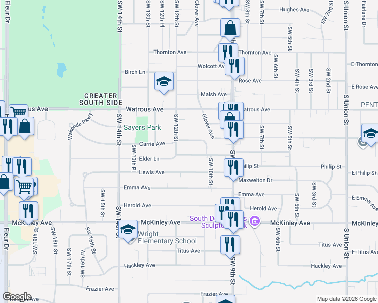 map of restaurants, bars, coffee shops, grocery stores, and more near 1109 Elder Lane in Des Moines