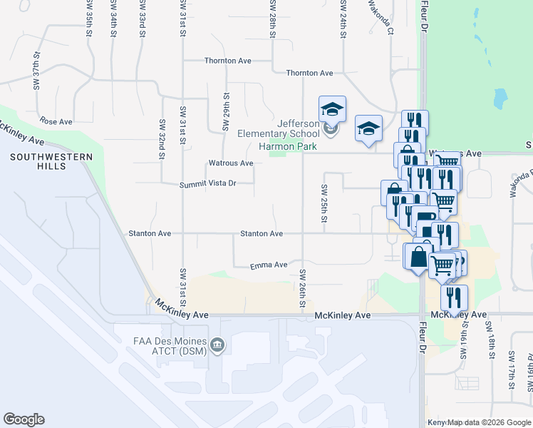 map of restaurants, bars, coffee shops, grocery stores, and more near 4219 Southwest 27th Street in Des Moines