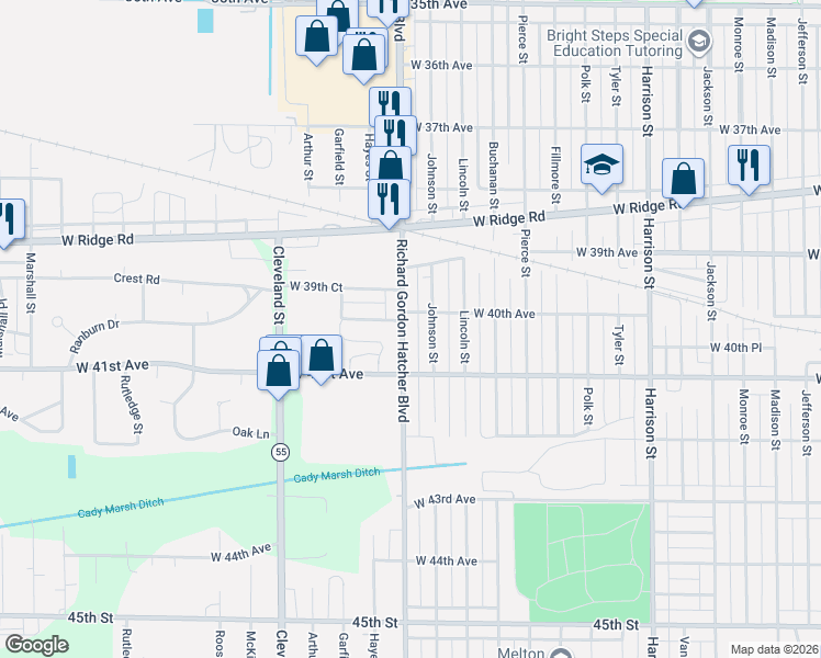 map of restaurants, bars, coffee shops, grocery stores, and more near 4017 Grant Street in Gary
