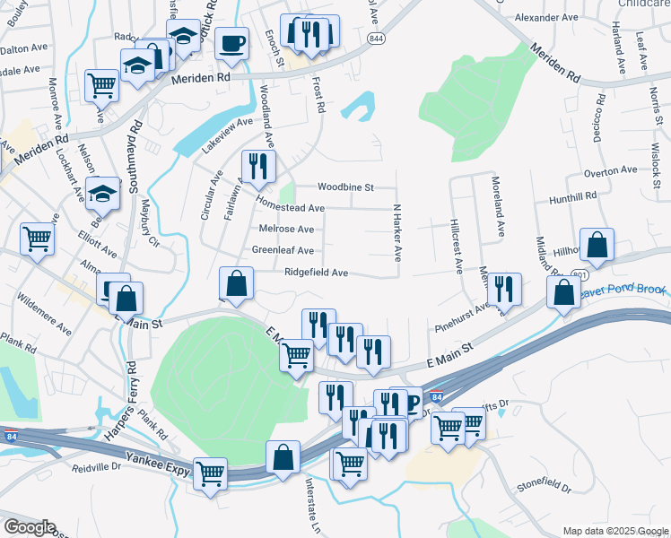 map of restaurants, bars, coffee shops, grocery stores, and more near 207 Ridgefield Avenue in Waterbury
