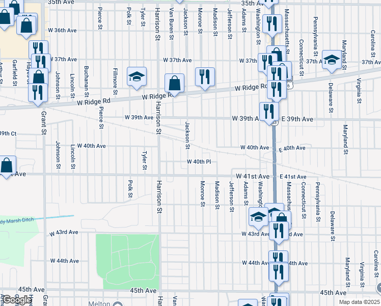 map of restaurants, bars, coffee shops, grocery stores, and more near 4029 Jackson Street in Gary
