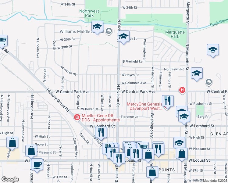 map of restaurants, bars, coffee shops, grocery stores, and more near 1708 West Central Park Avenue in Davenport