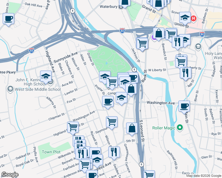 map of restaurants, bars, coffee shops, grocery stores, and more near 107 Green Street in Waterbury