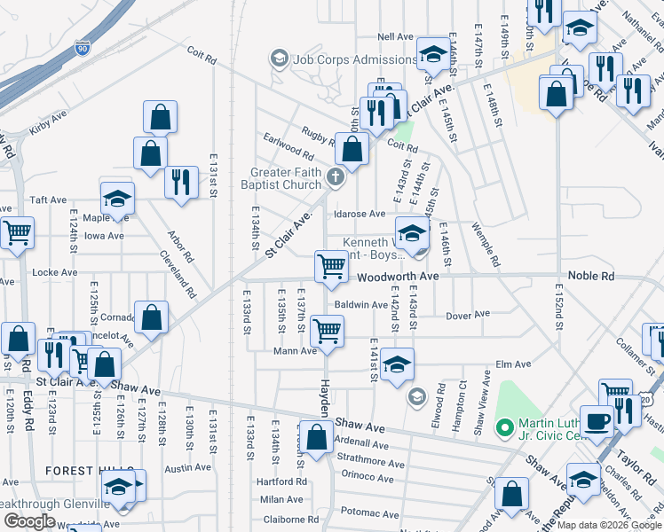 map of restaurants, bars, coffee shops, grocery stores, and more near 1201 Hayden Avenue in Cleveland