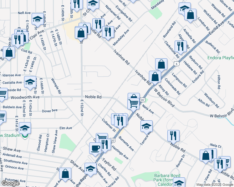 map of restaurants, bars, coffee shops, grocery stores, and more near 1705 Noble Road in East Cleveland