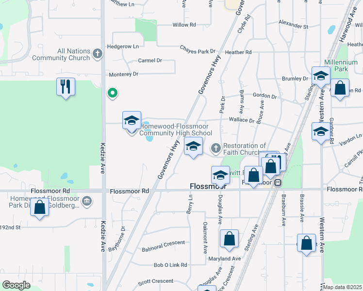map of restaurants, bars, coffee shops, grocery stores, and more near 922 Braemar Road in Flossmoor