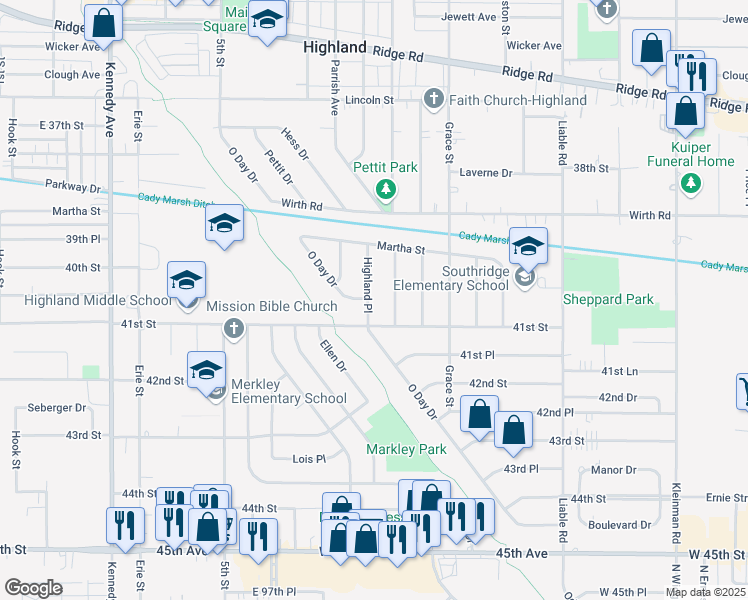 map of restaurants, bars, coffee shops, grocery stores, and more near 9227 Highland Place in Highland