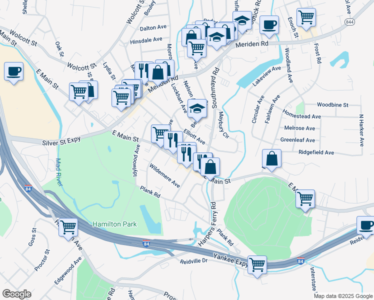 map of restaurants, bars, coffee shops, grocery stores, and more near 60 Alma Street in Waterbury