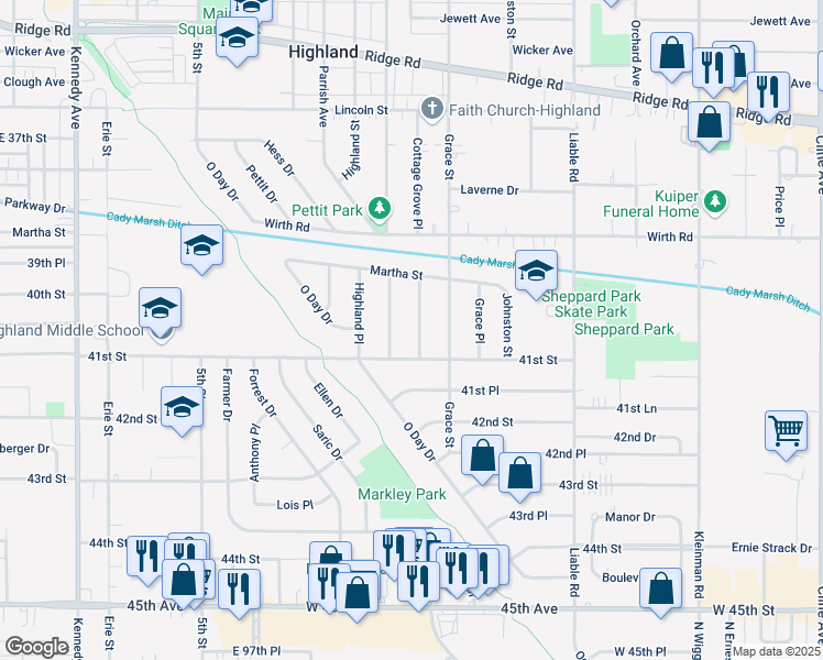 map of restaurants, bars, coffee shops, grocery stores, and more near 9228 Cottage Grove Place in Highland