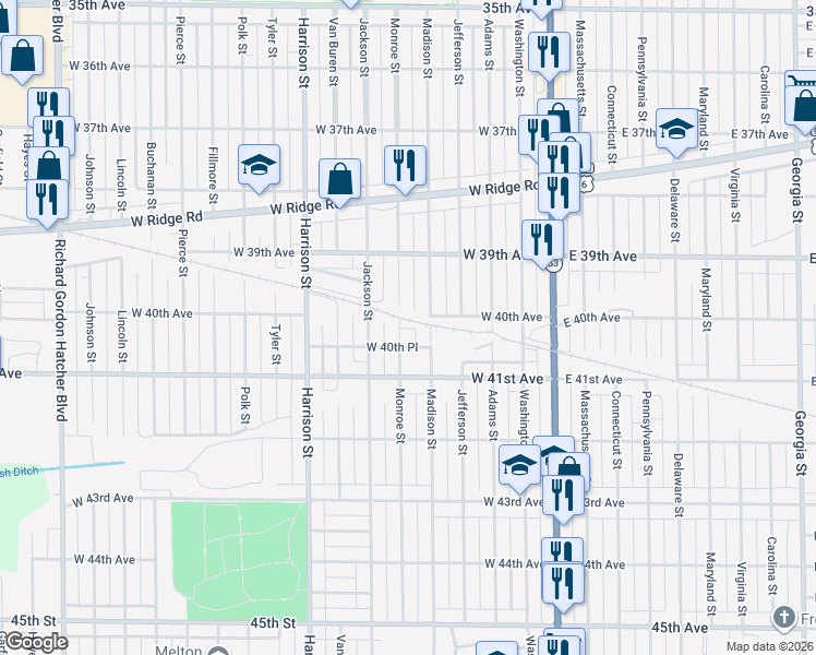 map of restaurants, bars, coffee shops, grocery stores, and more near 4023 Monroe Street in Gary