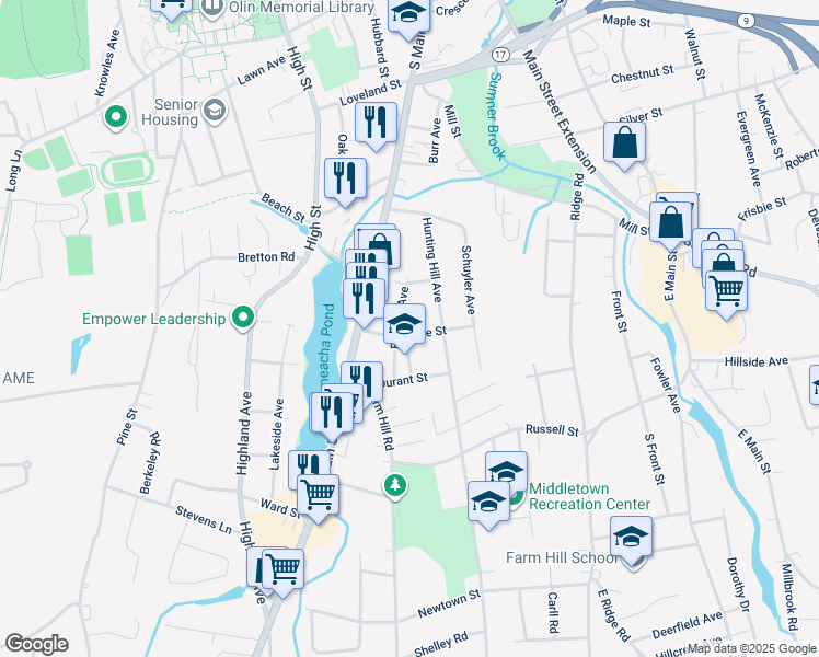 map of restaurants, bars, coffee shops, grocery stores, and more near 20 Durant Terrace in Middletown